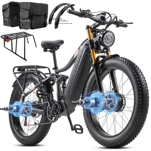 Electric Bike for Adults 3000W Peak AWD Dual Motor 48V 30Ah Battery Up to 90 Miles Long Range 30MPH Mountain E Bikes 26" Fat Tire Off-Road Full Suspension Electric Bicycle, Dual Hydraulic Brakes