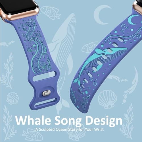 HATILP Whale Engraved Band Compatible with Apple Watch 38/40/41/42mm, Two-Layer Sculpted Ocean Design Soft Silicone Strap for Women, Series 11 10 SE Ultra 9 8 7 6 5 4 3 2 1 - Thumbnail 2