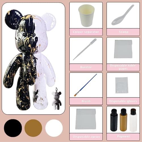 Coniuty DIY (Black+White+Gold, 9 Inch) Fluid Bear + Bear Keychain Figure Paint Set for Creative Graffiti Art Multicolor Painting - Thumbnail 3