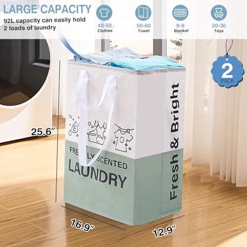 ELONG HOME Laundry Baskets, 92L Freestanding Laundry Basket with Handles, Waterproof Tall Collapsible Clothes Hamper for Dorm, Bedroom, Bathroom - Thumbnail 3