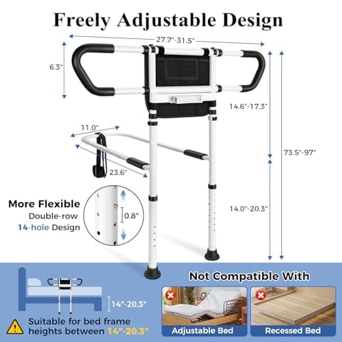 KUBYA Bed Rails for Elderly Adults Safety, Adjustable Bed Assist Rail for Seniors with Motion-Activated LED Light - 400 lbs Heavy Duty, Easy to Install, Fits 14.0"-20.3" Bed Frames - Thumbnail 2