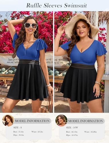 Arolina 2025 Plus Size Swimsuit for Women Swim Dress Full Coverage 2 Piece Bathing Suits Tummy Control Curvy Swimsuits with Boyshorts Blue and Black - Thumbnail 5
