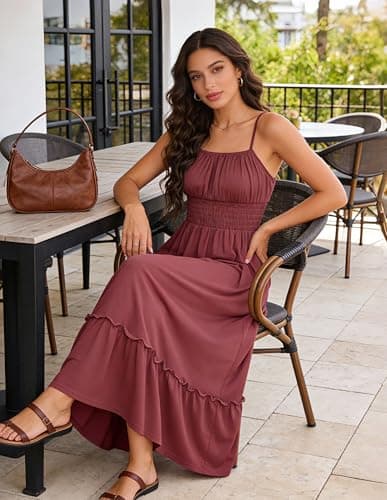 GRACE KARIN Womens Spaghetti Strap Dress Flowy Ruffle Dresses Sleeveless Swing A-Line Sundress Smocked Cami Dress with Pockets Brick Red L - Thumbnail 4