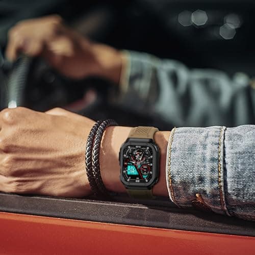 Deczone Band with Stainless Steel Case Compatible with Apple Watch Series 9 8 7 SE 3 2 1/6 5 4 S 3 2 1 41mm 40mm 38mm Band, iwatch Bands Rugged Protective Metal Cover for Men (Tan) - Thumbnail 6