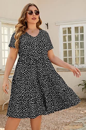 Younrui Plus Size Casual Summer Tiered Flowy Dresses for Women Short Sleeve Ruffle Hem Loose Fitting Babydoll Dress (1XL-1001-Black Floral) - Thumbnail 4