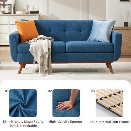 Kingfun 65.2" W Loveseat Sofa, Mid Century Modern Decor Love Seat Couches for Living Room, Button Tufted Upholstered Furniture, Solid & Easy to Install Small Couch for Bedroom Office Apartment, Blue - Thumbnail 5