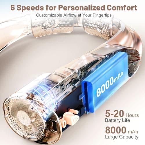 Portable Neck Fan with 6 Powerful Speeds,8000mAh Battery Operated USB-C Rechargeable Fan, 20H Runtime, Hands-Free 360° Cooling Wearable Neck Fan, Personal Fan for Women Men Travel Concerts (Champagne) - Thumbnail 6