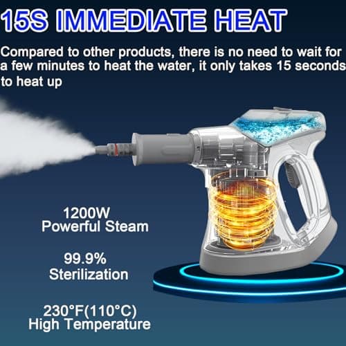 Handheld Steam Cleaner, 10S Immediate Heat Hand Held Steam Cleaner for Home, with Visualized Large Water Tank & 9 PCS Accessories & Safety Lock, for Window,Car,Kitchen,Couch,Floor (WHITE+GRAY) - Thumbnail 3