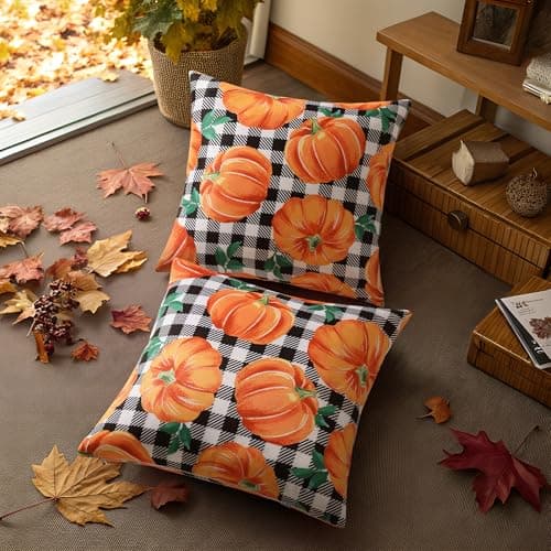 decorUhome Summer Orange Pumpkin Linen Decorative Throw Pillow Covers 18x18 Set of 2 Buffalo Plaid Check Farmhouse Gingham Cushion Covers for Couch Sofa Bed - Thumbnail 6