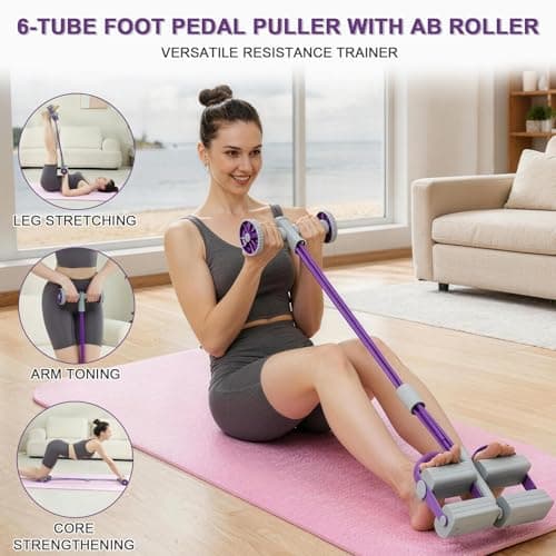 Pedal Resistance Bands with Handles,Soft Puller Exercise with Thickened 6 Tension Ropes,Tube Pedal Resistance Device for Abdomen Waist Arm Leg Core/ABS Yoga Pedal Puller Resistance Band (Purple) - Thumbnail 2