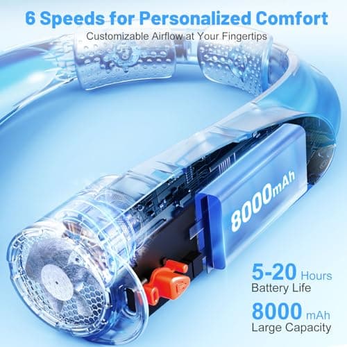 Slientspin AI Portable Neck Fan with 6 Powerful Speeds, 8000mAh Battery Operated USB-C Rechargeable Fan, Hands-Free 360° Cooling Neck Fan,Twistable,Ultra-Quiet Personal Fan Gift for Women Men(Blue) - Thumbnail 5