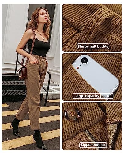 Womens Corduroy Pants Casual High Waisted Straight Leg Vintage Trousers for Women with Pockets Brown US 14 - Thumbnail 4