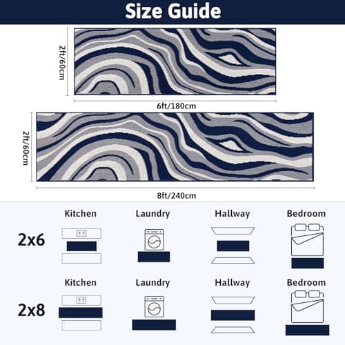Yamaziot Washable Hallway Runner Rug 2x8 – Non Slip Modern Abstract High-Low Textured Kitchen Runner Rug, Boho Carpet Runner for Kitchen, Entryway, Bedroom, Laundry, Navy Blue - Thumbnail 3