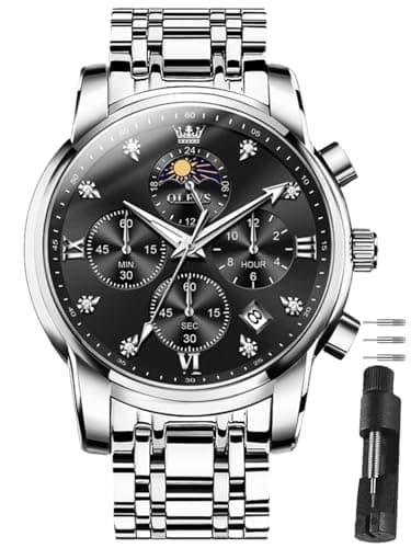 OLEVS Watch Men,Black and Silver Watches for Men,Men's Silver Watch Black Face,Chronograph Moon Phase Mens Wristwatch with Date Luxury,Dress Man Wristwatch,Relojes De Hombre - Image 1