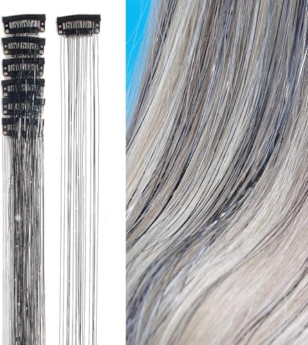 Hair Tinsel 12Pcs Clip in Hair Tinsel Extensions 20.5 Inch Fairy Hair Tinsel Kit for Girls Women Kids Glitter Hair Accessories for Christmas Halloween Cosplay Party (Black)