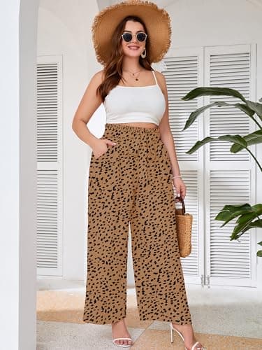 AusLook Women's Plus Size Wide Leg Pants with Pockets Almond Leopard 2X Lightweight High Waisted Tie Knot Paperbag Dressy Palazzo Loose Paper Bag Comfy Casual Work Flowy Dress Ladies' Trousers - Thumbnail 3