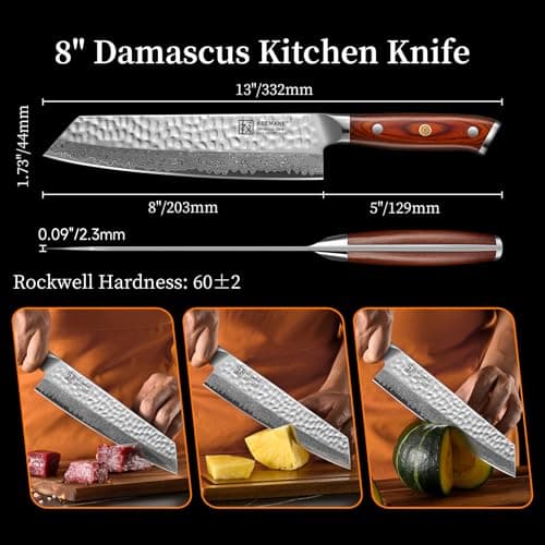 KEEMAKE Kiritsuke Chef Knife, 8 Inch Damascus Japanese Kitchen Knife with Ergonomic Pakkawood Handle, Ultra Sharp Non-Slip Cooking Knife with Ash Sheath - Thumbnail 5