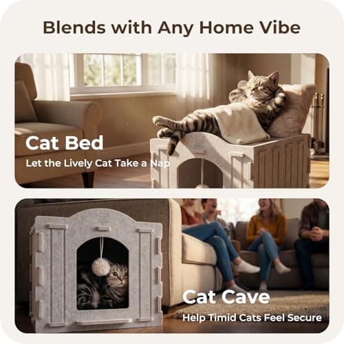 Apasiri Cat Bed Cave for Indoor Cats: New Felt Cat Bed with Fluffy Ball, Foldable Cat House with Scratch-Resistant Board, Hideaway Cat Cave for Timid Cats, Sturdy Two-Tier Cat Condo & Cat Houses - Thumbnail 2
