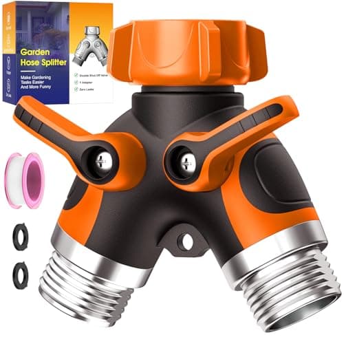 2 Way Garden Hose Splitter with Shut Off Valve,Water Spigot Splitter for 3/4" Hose Connector,Heavy Duty Metal Outdoor Faucet Splitter Y Connector with 3 Leakproof Washers & 1 tape-Orange