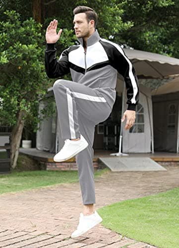 Sun Lorence Sportswear for Men 2 Pieces with Zipper Jackets Outdoor Sports Tracksuits Set Grey XX-Large - Thumbnail 3
