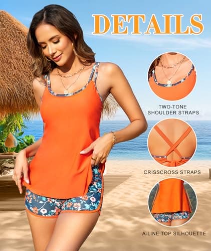 MFAVIP Tankini Swimsuits for Women 2026, Tummy Control Two Piece Bathing Suits, Blouson Tank Tops with Board Shorts Orange - Thumbnail 5