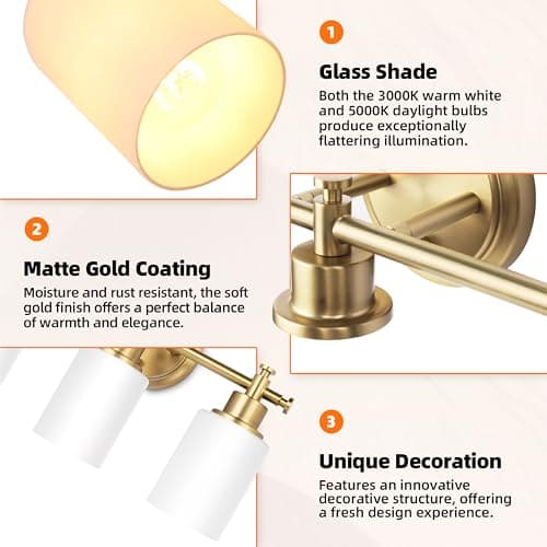 imizdlum 3-Light Gold Bathroom Vanity Light Fixtures, Brushed Gold Wall Sconce, Champagne Gold Vanity Light with Milky White Glass Shade Over Mirror, Bathroom, Bedroom, Modern Style, E26 Base - Thumbnail 4