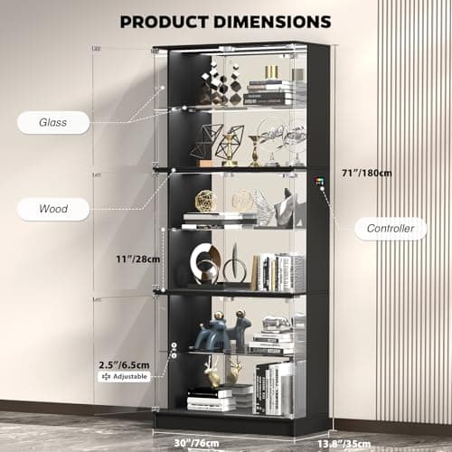 VersionTECH. Display Cabinet with Glass Doors, 6-Tier 71'' Tall Curio Cabinet with RGB Lights for Collectibles, Display Case with Adjustable Glass Shelves, Human Body Sensor, Mirror Backing, Black - Thumbnail 2