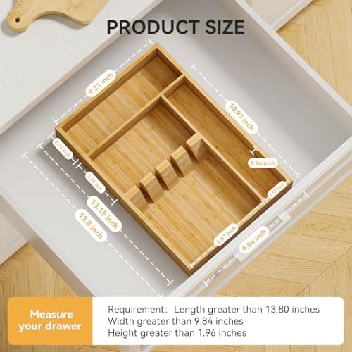 Yofidra Bamboo Silverware Organizer, 13.8 x 9.84 x 1.96 Inches Kitchen Utensil Drawer Organizer, Silverware Tray for Drawer with Fixed Slots for Spoons, Forks & Knives, Natural - Thumbnail 2