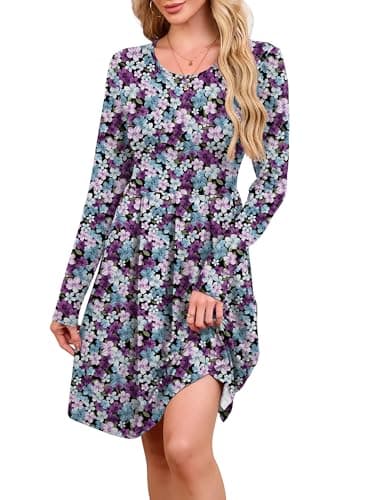 KORSIS Womens Dress Casual Swing T Shift Autumn Winter Long Sleeve Round Neck Tunic Loose Fashion High Waist Floral Dresses with Legging XX-Large - Image 1