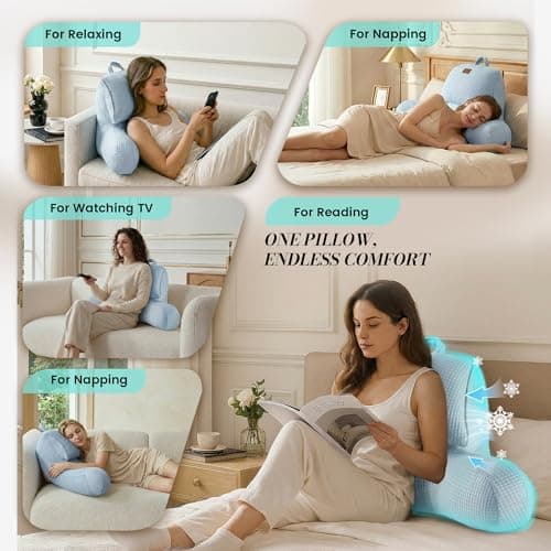 Amélie Home Premium Cooling Waffle Reading Pillow, Qmax>0.37 Ergonomic Backrest Support with Pocket & Handle, Breathable Lounging Pillow for Bed Sofa Floor Summer, 17 Inches, Sky Blue - Thumbnail 2