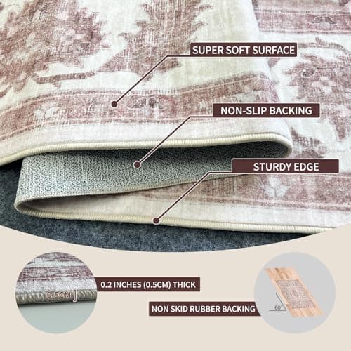 Area Rug 9x12 for Living Room Soft Machine Washable Low Pile Area Rugs Vintage Boho Bedroom,Dinner Room Non-Slip Carpet Rug- Light Pink - Thumbnail 4