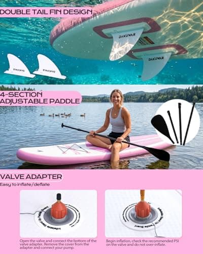 DAKUWAR Inflatable Paddle Board 10'x31.5''x6'' Folding Stand up Paddle Boards with SUP Accessories Valve Adaptor/2 fins/SUP Backpack/Ankle Leash/Repair Kit (Pink and White) - Thumbnail 5