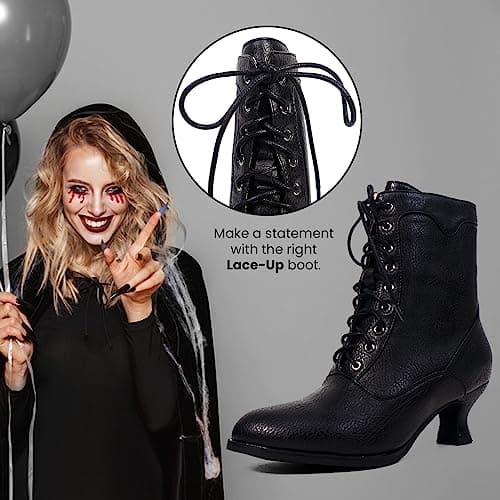 Yremael Women's Ankle Boots Victorian Boots Mid Calf Boots Round Toe Black Boots Chunky Heel Lace Up Witch Boots Knight Boots for Women - Thumbnail 5