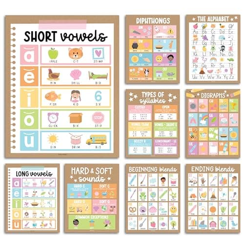 Hadley Designs Phonics Posters For Classroom - 9 Sound Wall Classroom Phonics For Kindergarten & Elementary, Syllable Types, Long and Short Vowel Sounds, Digraphs & Blends, Kraft Bulletin Board Set