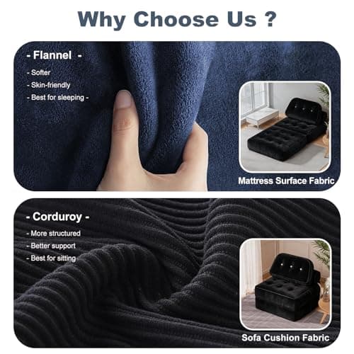 NESLAKO Folding Sofa Bed, Flannel Futon Couch Bed with Pillow and Blanket, Convertible Sleeper Chair for Small Space Apartment Guest Room, Black - Thumbnail 4