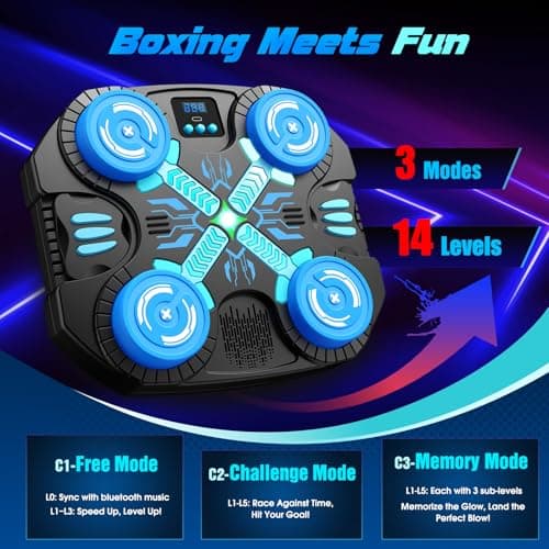 faentwc Boxing Machine with Music for Kids Sports Toy-3 Game Modes & 14 Levels, 4 5 6 7 8 9 10 Year Old Boy Girl Toys Birthday Gifts, Wall Mounted Bluetooth Punching Target with Scoring & Gloves - Thumbnail 2