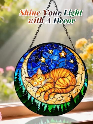 Stained Glass Window Hanging, Orange Sleeping Cat Suncatcher for Door Home Decor Moon Starry Night Sun Catcher Ornament Mother's Day Birthday Gifts for Women Men Mom 6.3 in - Thumbnail 4