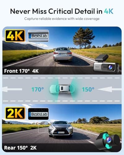 BOTSLAB 4K Dash Cam Front and Rear, 170° Ultra Wide 4K+2K Dashcam with ADAS, Night Vision, 24/7 Parking Mode, IMX415 STARVIS Sensor, WDR, 5.8GHz WiFi, Built-in GPS, Loop Recording (No SD Card) - Thumbnail 2