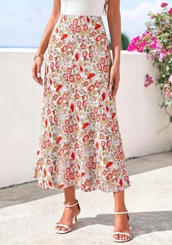 BTFBM Satin Skirts for Women 2025 Fall High Waisted A-Line Leopard Print Cocktail Wedding Long Silk Summer Midi Skirt(Floral White Red, Small) - Thumbnail 4