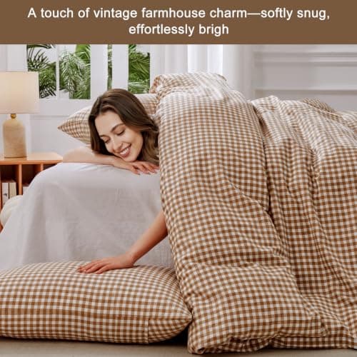 Yuncojin Gingham Duvet Cover Set Queen Size 3 Pieces Plaid Grid Duvet Cover,100% Cotton Plaid Comforter Cover,Farmhouse Checkered Gingham Bedding - Thumbnail 5