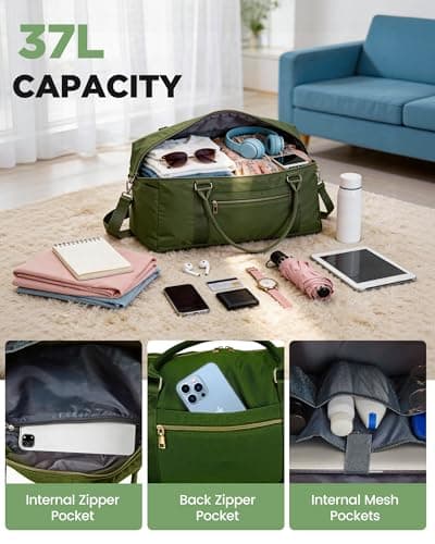 Amechi Weekender Bags for Women with Wet Pocket, 37L Waterproof Travel Duffel Bags with 7" Wide Trolley Sleeve, Carry On Bag for Travel, Gym Bag, Hospital Bag for Labor and Delivery, Dark Green - Thumbnail 4
