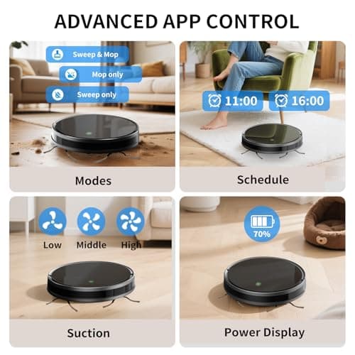 JEBRO 2 in 1 Robot Vacuum and Mop Combo, 3500 Pa Suction, 120 Min Runtime, 2.9" Slim, App/Voice/Remote Control, Self-Charging for Pet Hair, Hard Floor, Carpet - Thumbnail 4