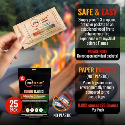 Fireflame Fire Color Changing Packets - Colorful Fire Flames Packets - 25 Pack - for Outdoor Pit, Fireplace, Bonfire, Campfire, Camping Accessories for Kids & Adults - Thumbnail 2