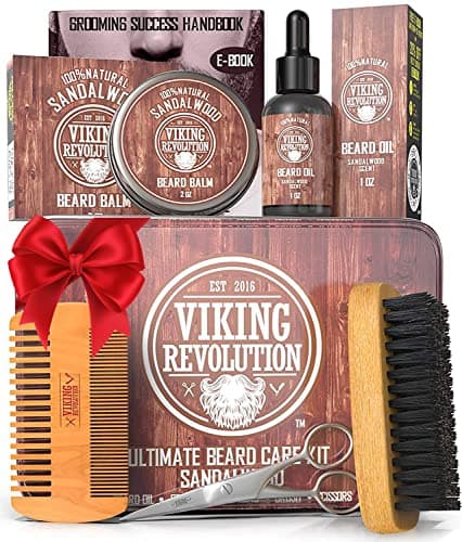 Viking Revolution Ultimate Grooming Kit for Men - Boar Brush, Wood Comb, Sandalwood Balm & Oil, Scissors for Beard & Mustache - Image 1