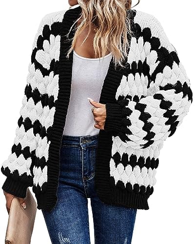 KIRUNDO Women's Cardigans 2026 Fall Trendy Open Front Chunky Color Block Lantern Sleeve Cute Striped Cable Knit Winter Sweater Coat Fashion Clothes(White, Medium) - Image 1