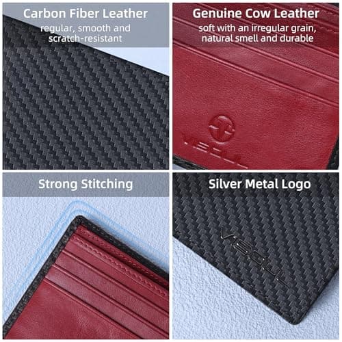 VISOUL Wallet for Men with 2 ID Windows 8 Credit Card Slots 2 Cash Compartments, Carbon Fiber Leather Bifold Mens Wallet with RFID Blocking (Carbon Fiber Black+Burgundy) - Thumbnail 3