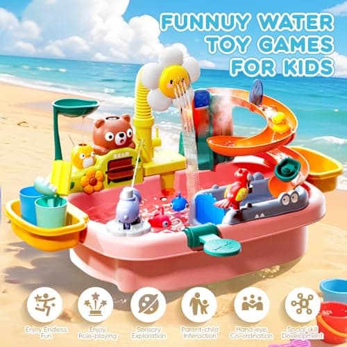 Ploomi 2026 Upgraded Water Table for Toddlers 1-3 - Outdoor Toys for Kids Ages 4-8 with Pump, Summer Outside Sensory Activity Pool Toys, Kitchen Play Sink Toy with Running Water, Fishing Toy, Pink - Thumbnail 4