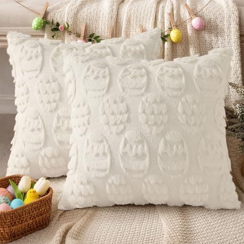 decorUhome Cream White Faux Fur Egg Throw Pillow Covers 18x18 Set of 2 - Thumbnail 6