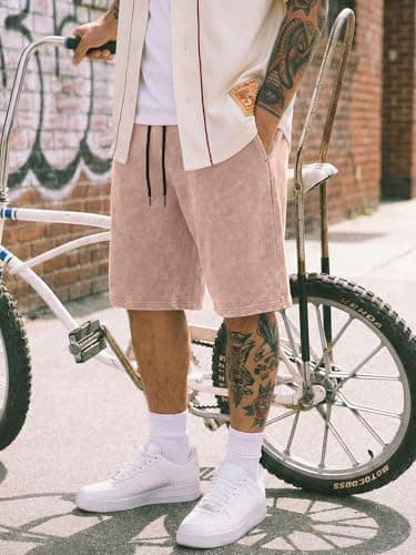 JMIERR Acid Washed Cotton Shorts for Men Relaxed Fit Stretchy Comfy Elastic Waist Drawstring Streetwear Summer Y2K Vintage Baggy Dress Shorts, Light French Beige, Small - Thumbnail 2