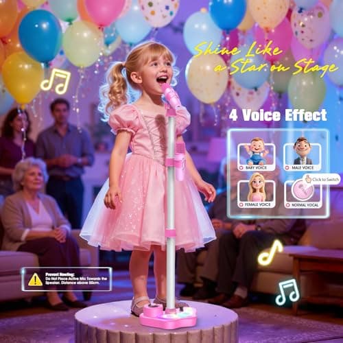 Kids Adjustable Stand Karaoke Machine Toy, 3-8 Year Old Girls Rechargeable Microphone Portable Bluetooth Speaker with 2 Mics, Toddlers Birthday Party Gifts Singing Toys for Girl Ages 3 4 5 6 7 8 - Thumbnail 4